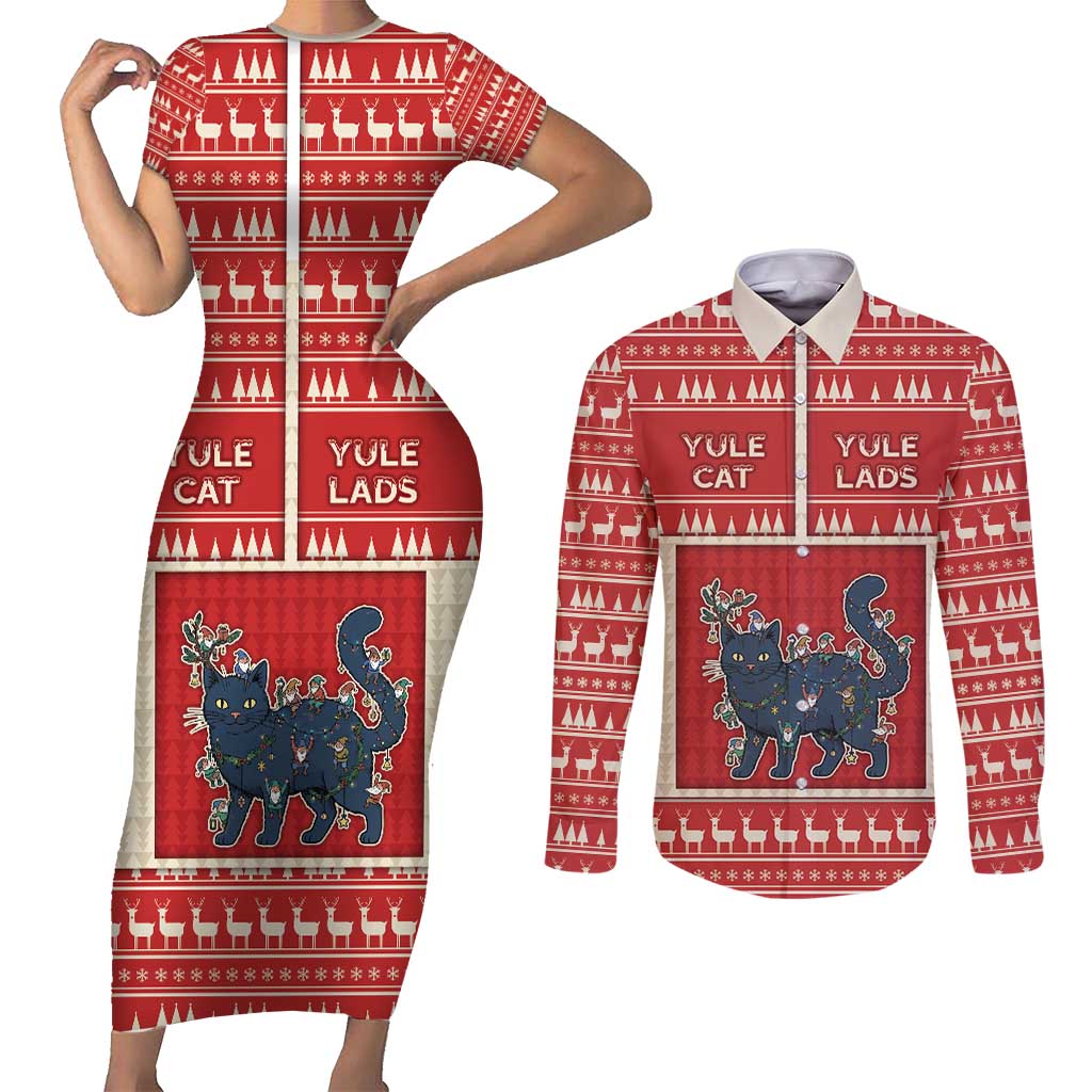 Yule Cat And Yule Lads Couples Matching Short Sleeve Bodycon Dress and Long Sleeve Button Shirt Cute Retro Style - Wonder Print Shop