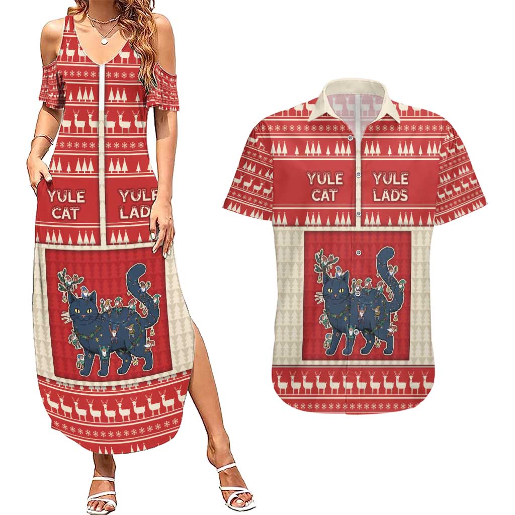 Yule Cat And Yule Lads Couples Matching Summer Maxi Dress and Hawaiian Shirt Cute Retro Style - Wonder Print Shop