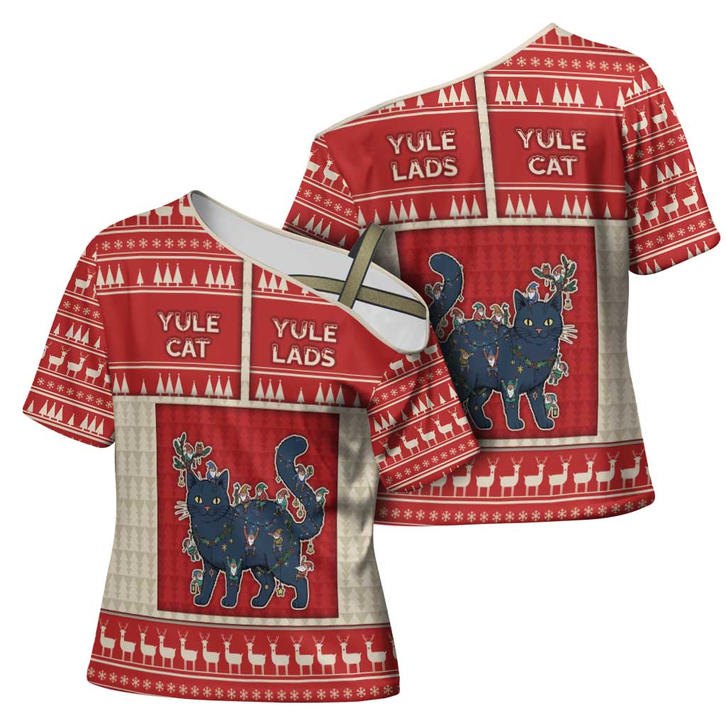 Yule Cat And Yule Lads Cross Shoulder Shirt Cute Retro Style - Wonder Print Shop