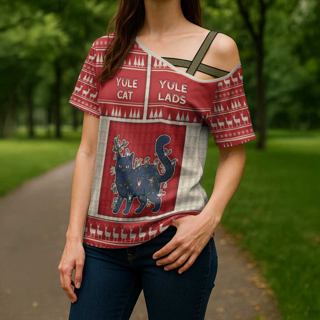 Yule Cat And Yule Lads Cross Shoulder Shirt Cute Retro Style - Wonder Print Shop
