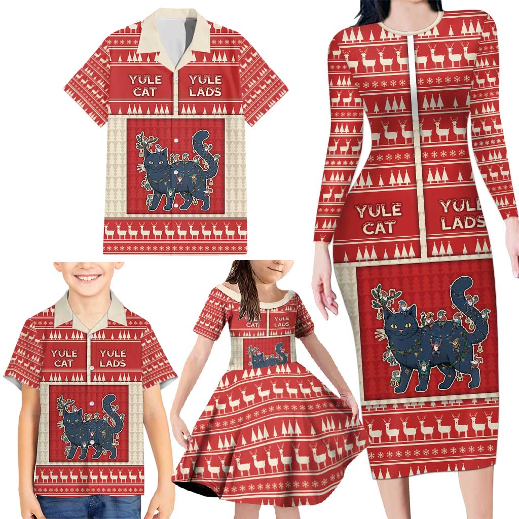 Yule Cat And Yule Lads Family Matching Long Sleeve Bodycon Dress and Hawaiian Shirt Cute Retro Style - Wonder Print Shop