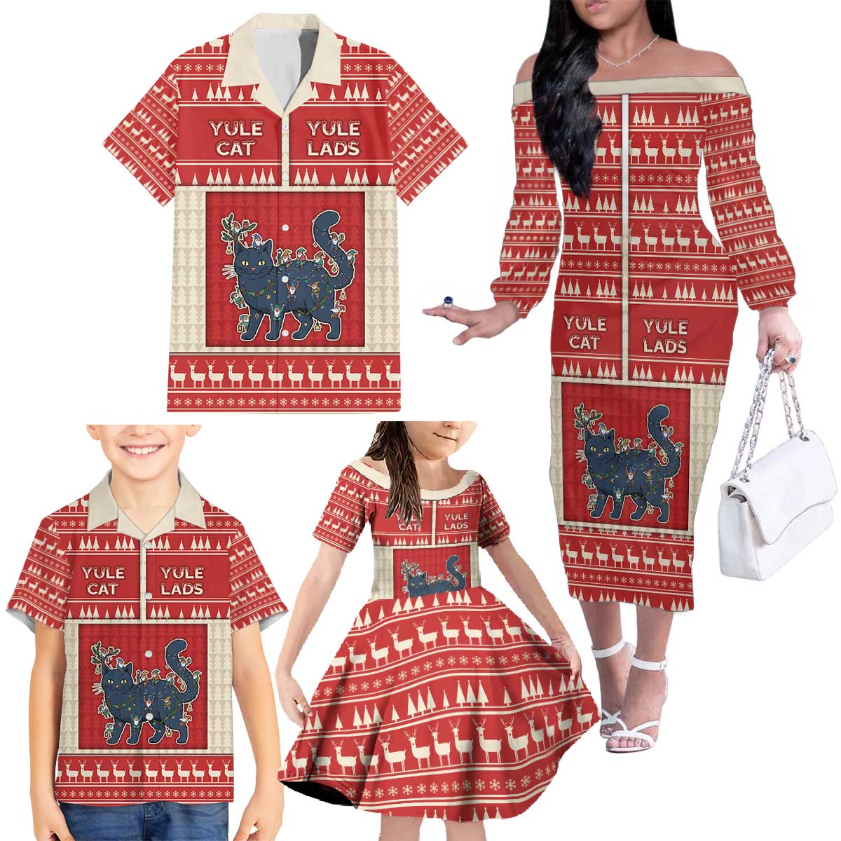 Yule Cat And Yule Lads Family Matching Off The Shoulder Long Sleeve Dress and Hawaiian Shirt Cute Retro Style - Wonder Print Shop