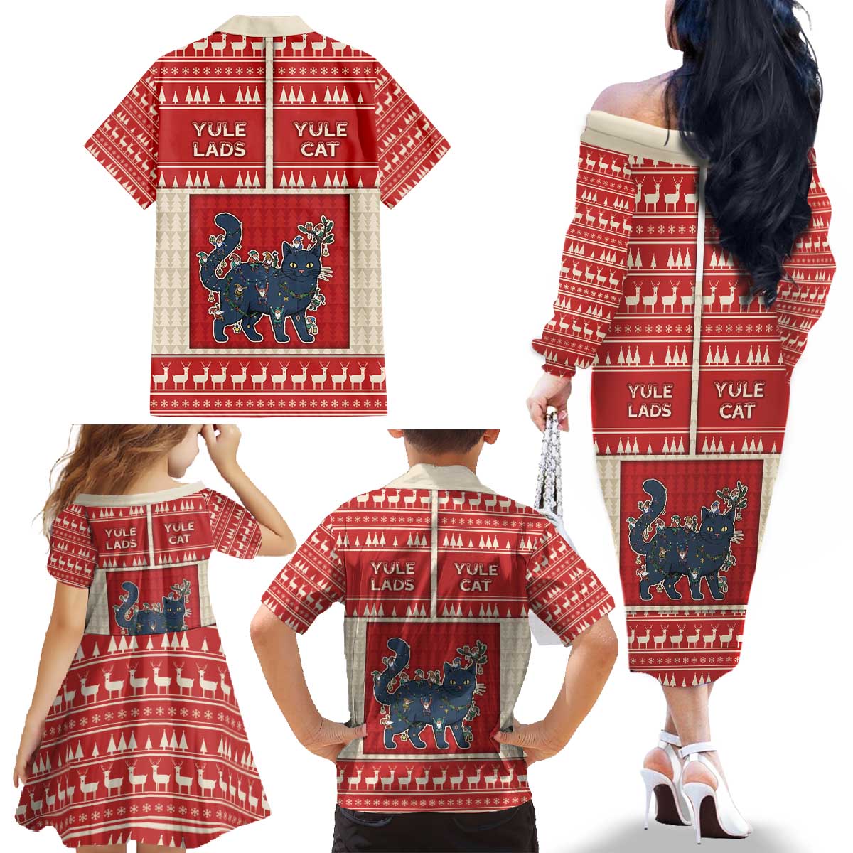 Yule Cat And Yule Lads Family Matching Off The Shoulder Long Sleeve Dress and Hawaiian Shirt Cute Retro Style - Wonder Print Shop