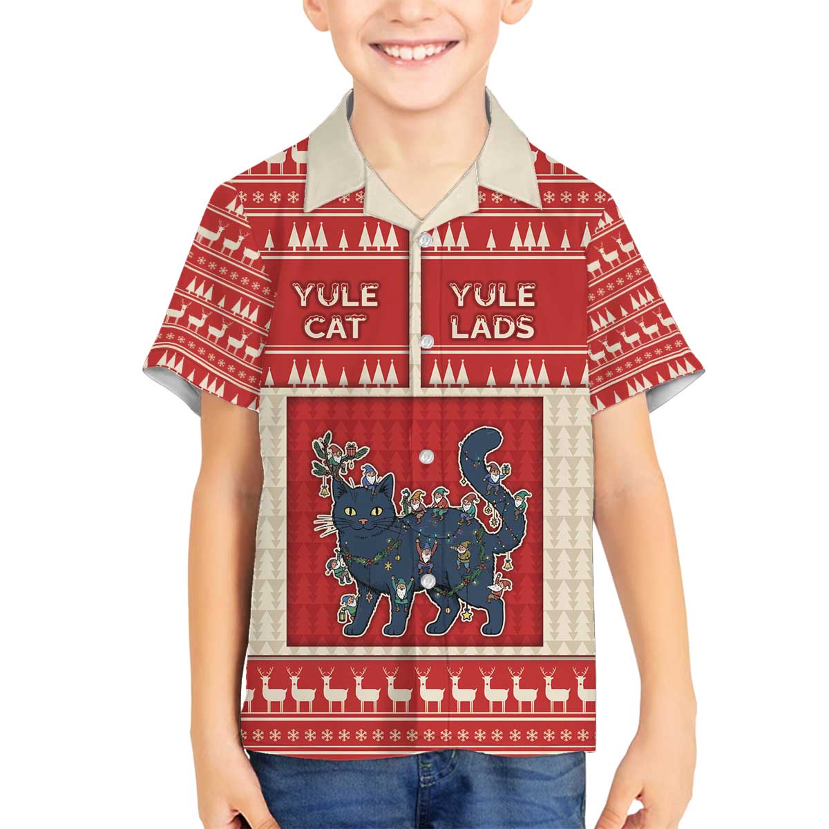 Yule Cat And Yule Lads Family Matching Off The Shoulder Long Sleeve Dress and Hawaiian Shirt Cute Retro Style - Wonder Print Shop