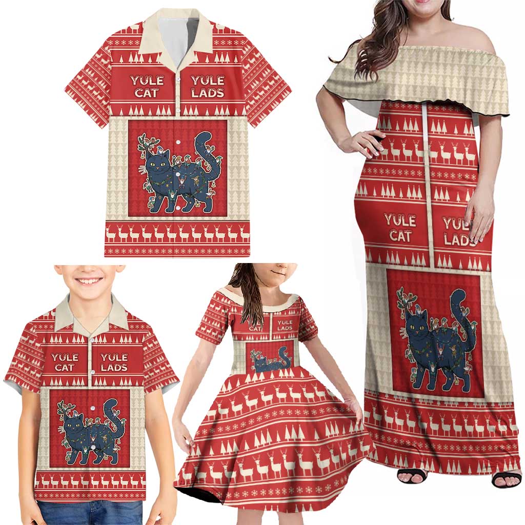 Yule Cat And Yule Lads Family Matching Off Shoulder Maxi Dress and Hawaiian Shirt Cute Retro Style - Wonder Print Shop