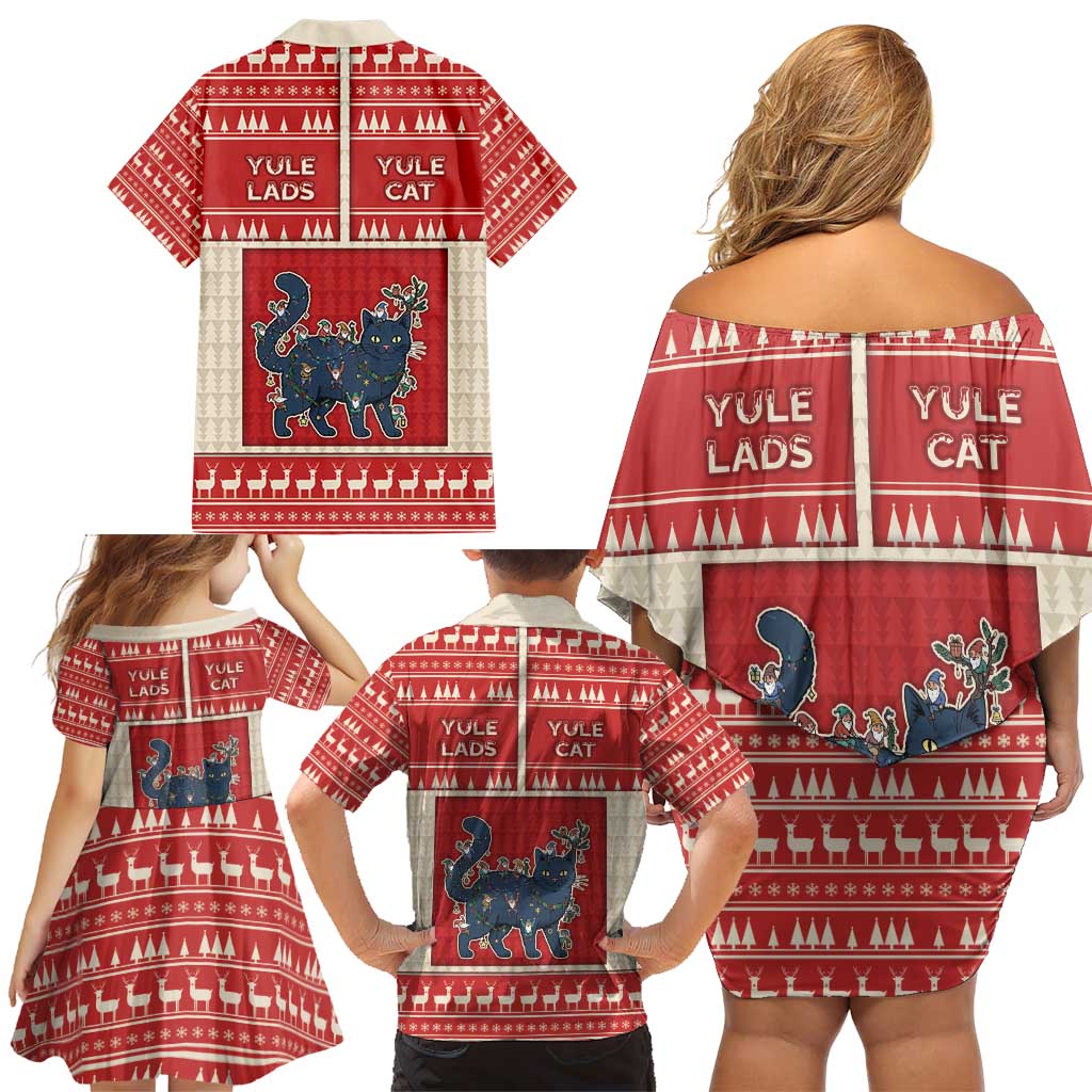 Yule Cat And Yule Lads Family Matching Off Shoulder Short Dress and Hawaiian Shirt Cute Retro Style - Wonder Print Shop