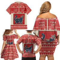 Yule Cat And Yule Lads Family Matching Off Shoulder Short Dress and Hawaiian Shirt Cute Retro Style - Wonder Print Shop