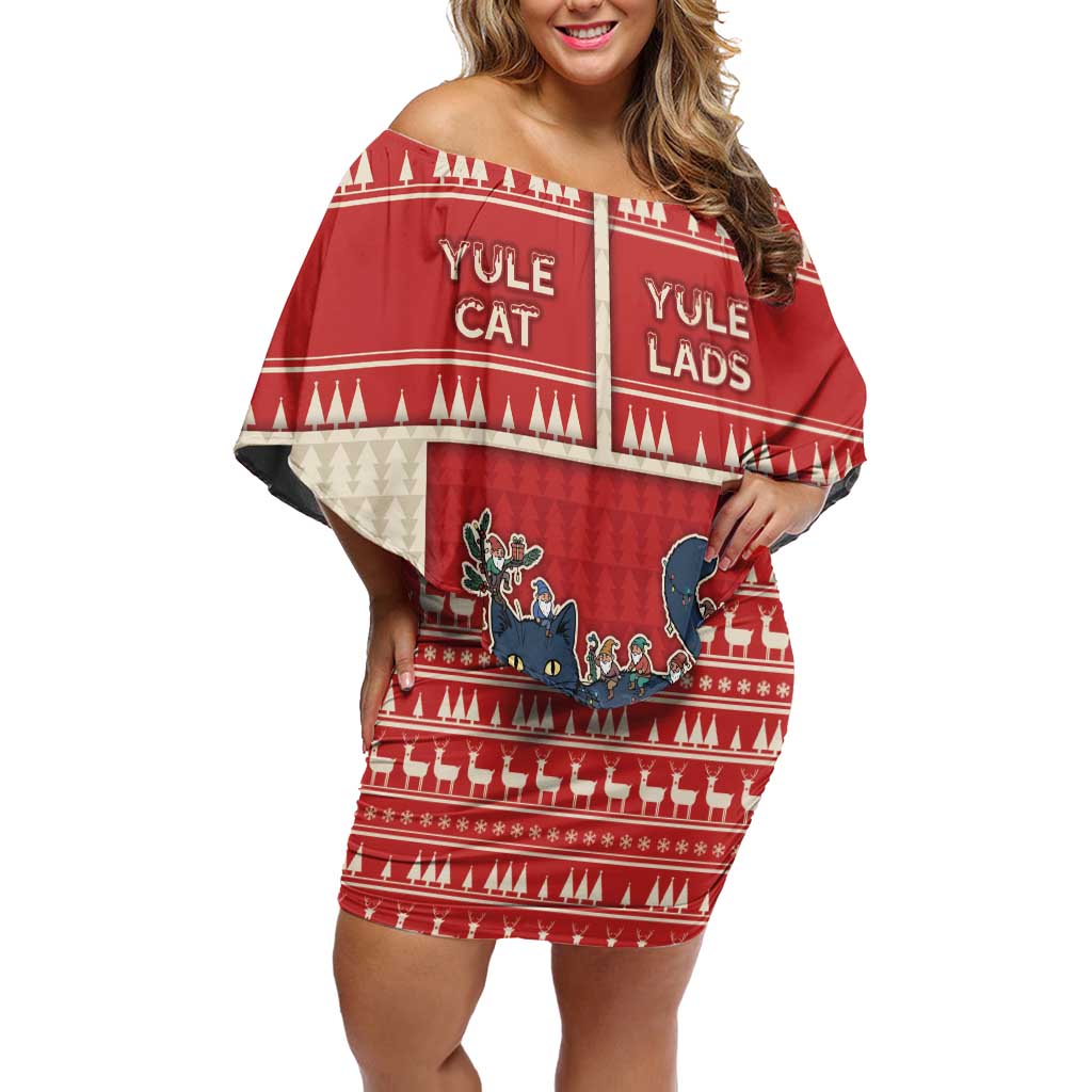Yule Cat And Yule Lads Family Matching Off Shoulder Short Dress and Hawaiian Shirt Cute Retro Style - Wonder Print Shop