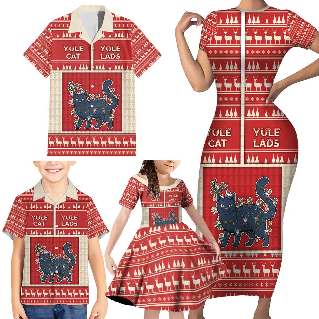 Yule Cat And Yule Lads Family Matching Short Sleeve Bodycon Dress and Hawaiian Shirt Cute Retro Style - Wonder Print Shop