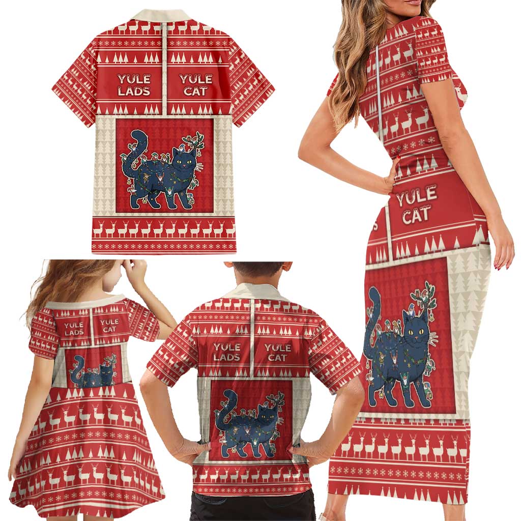 Yule Cat And Yule Lads Family Matching Short Sleeve Bodycon Dress and Hawaiian Shirt Cute Retro Style - Wonder Print Shop