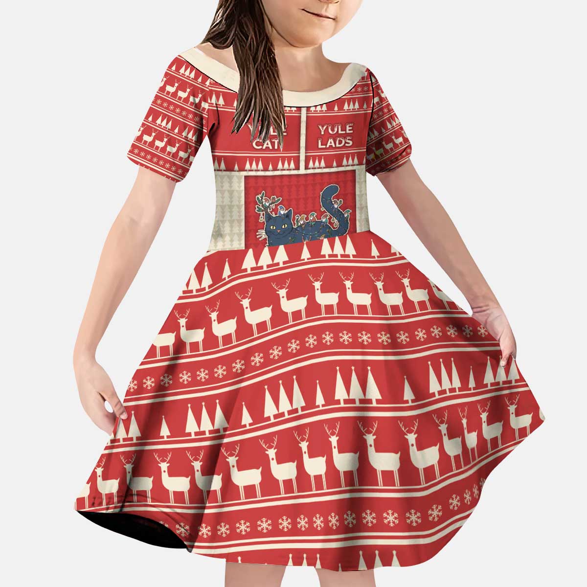 Yule Cat And Yule Lads Kid Short Sleeve Dress Cute Retro Style - Wonder Print Shop
