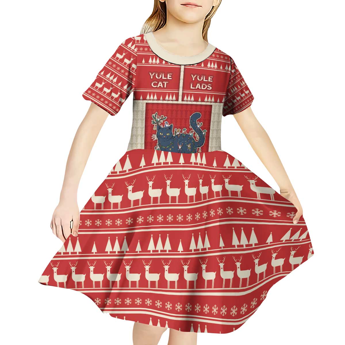 Yule Cat And Yule Lads Kid Short Sleeve Dress Cute Retro Style - Wonder Print Shop