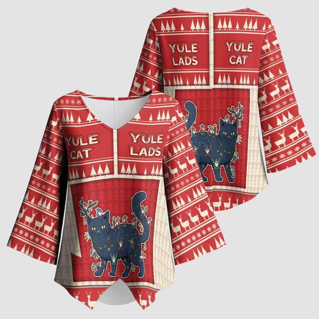 Yule Cat And Yule Lads Kimono Sleeve Blouse Cute Retro Style - Wonder Print Shop
