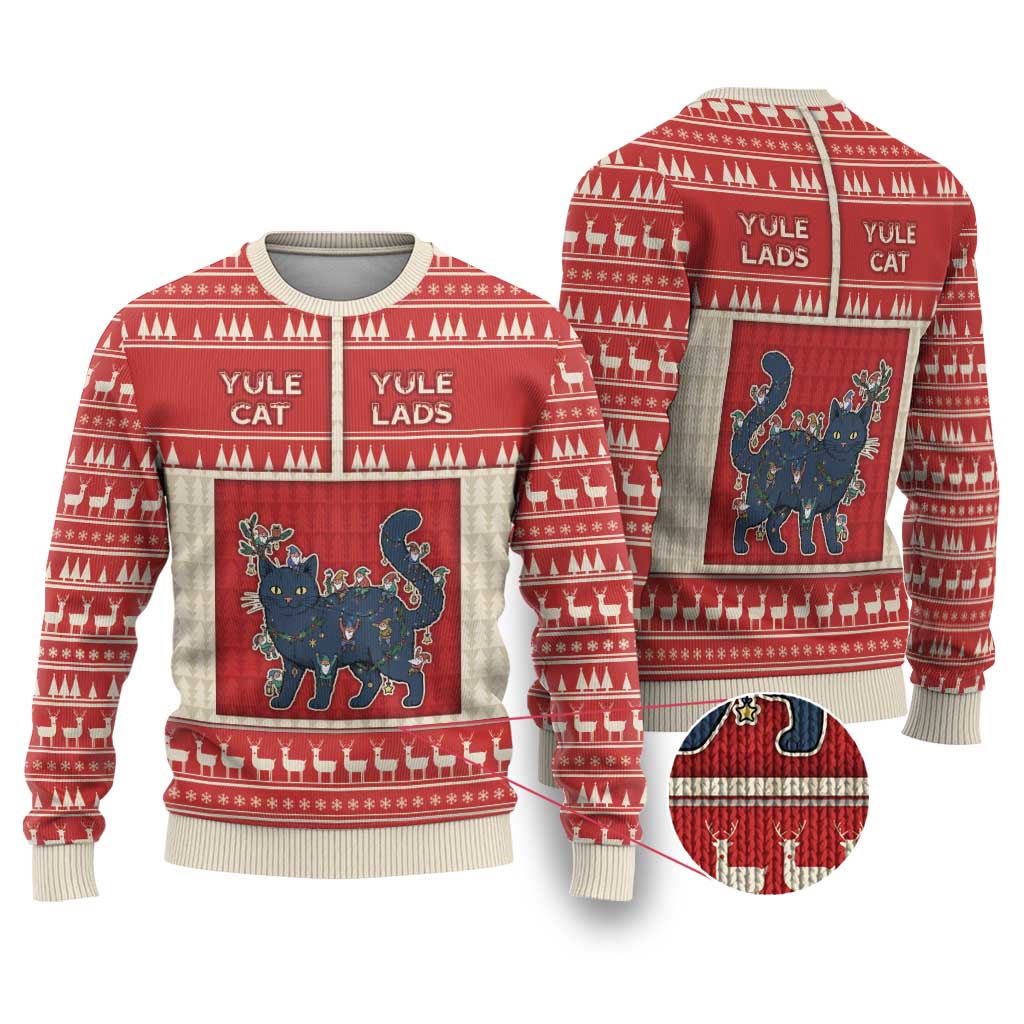 Yule Cat And Yule Lads Ugly Christmas Sweater Cute Retro Style - Wonder Print Shop