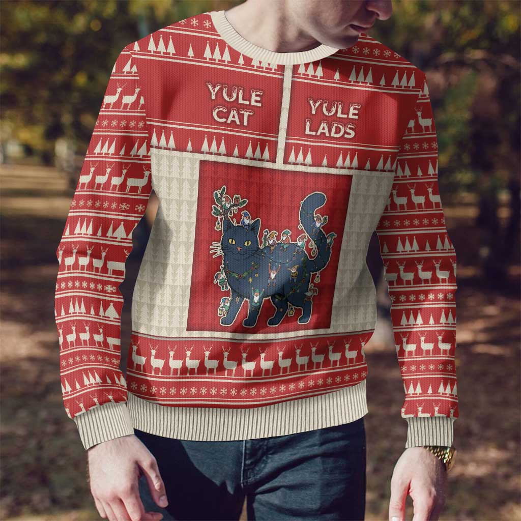 Yule Cat And Yule Lads Ugly Christmas Sweater Cute Retro Style - Wonder Print Shop