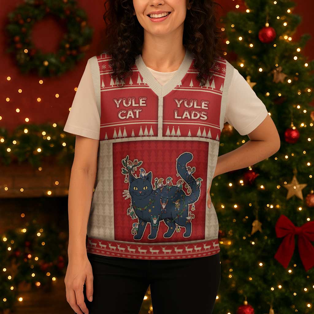 Yule Cat And Yule Lads Christmas Knitted V-Neck Vest Cute Retro Style - Wonder Print Shop