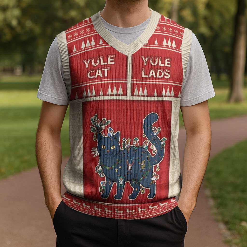 Yule Cat And Yule Lads Christmas Knitted V-Neck Vest Cute Retro Style - Wonder Print Shop