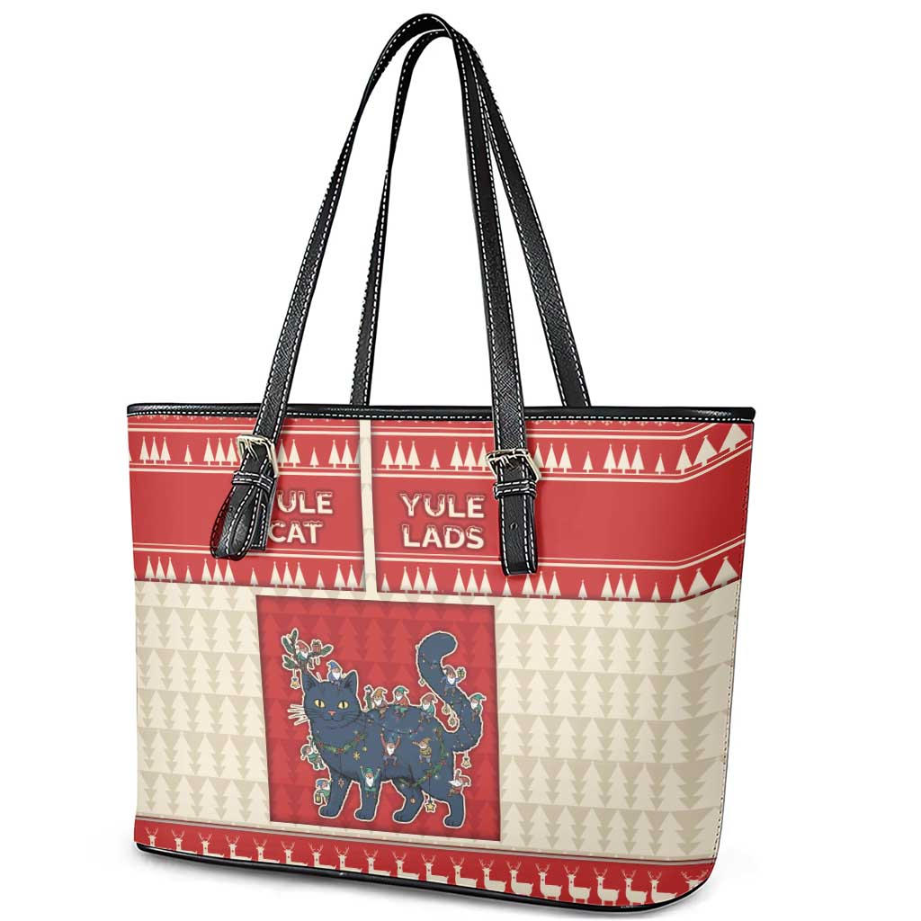 Yule Cat And Yule Lads Leather Tote Bag Cute Retro Style - Wonder Print Shop