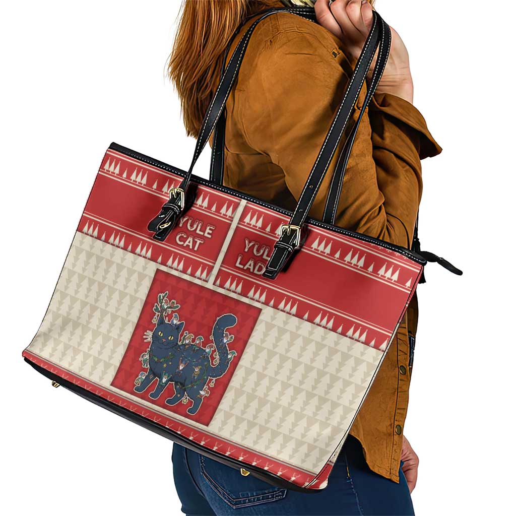 Yule Cat And Yule Lads Leather Tote Bag Cute Retro Style - Wonder Print Shop