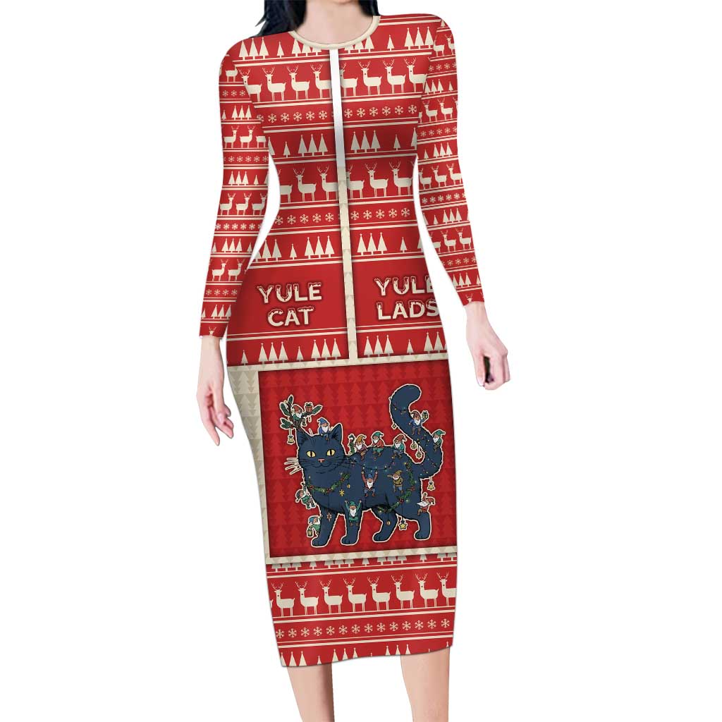 Yule Cat And Yule Lads Long Sleeve Bodycon Dress Cute Retro Style - Wonder Print Shop