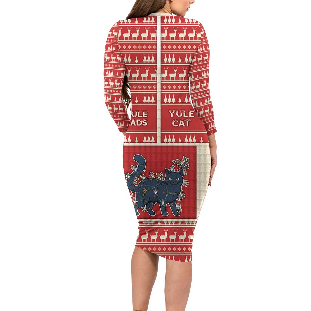 Yule Cat And Yule Lads Long Sleeve Bodycon Dress Cute Retro Style - Wonder Print Shop