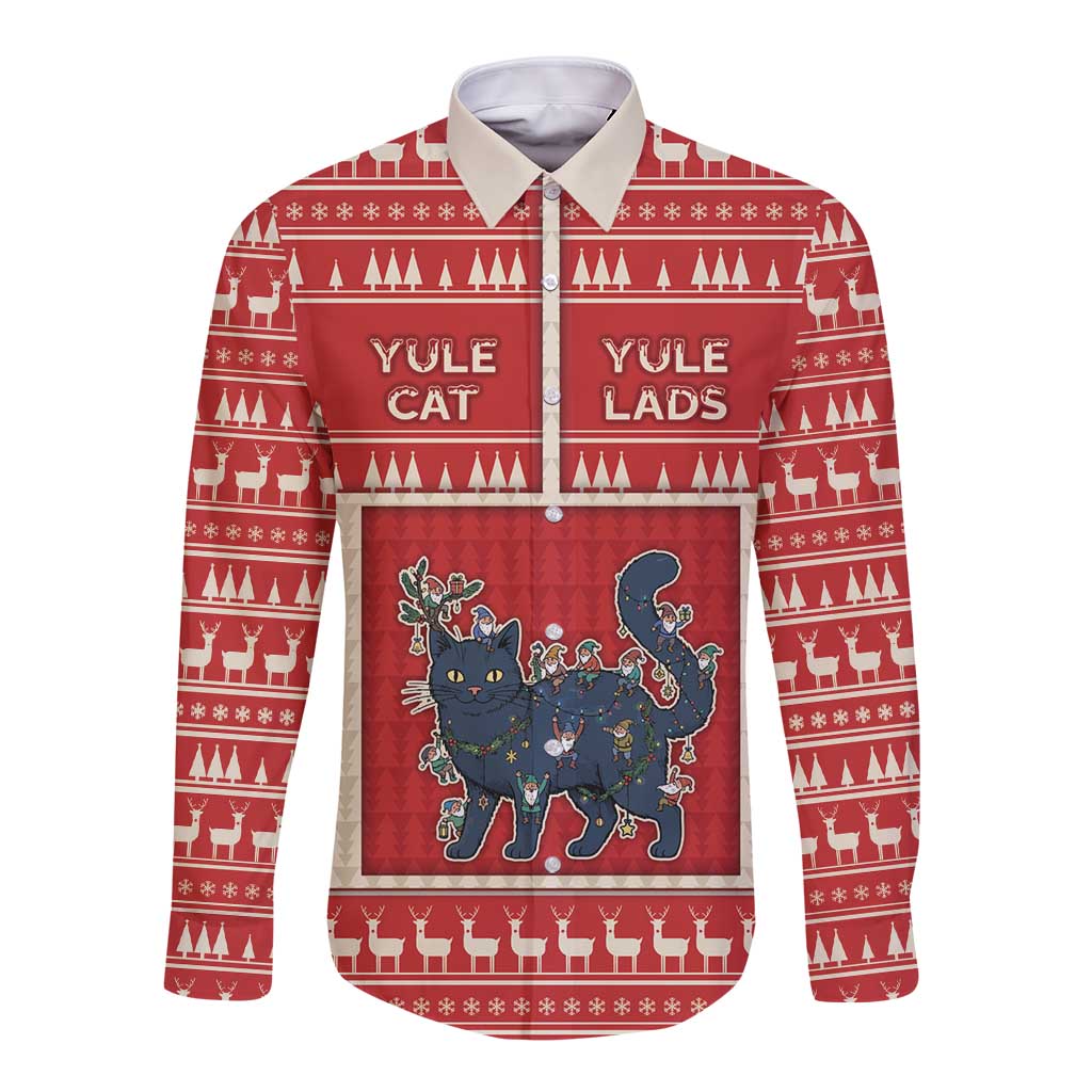 Yule Cat And Yule Lads Long Sleeve Button Shirt Cute Retro Style - Wonder Print Shop