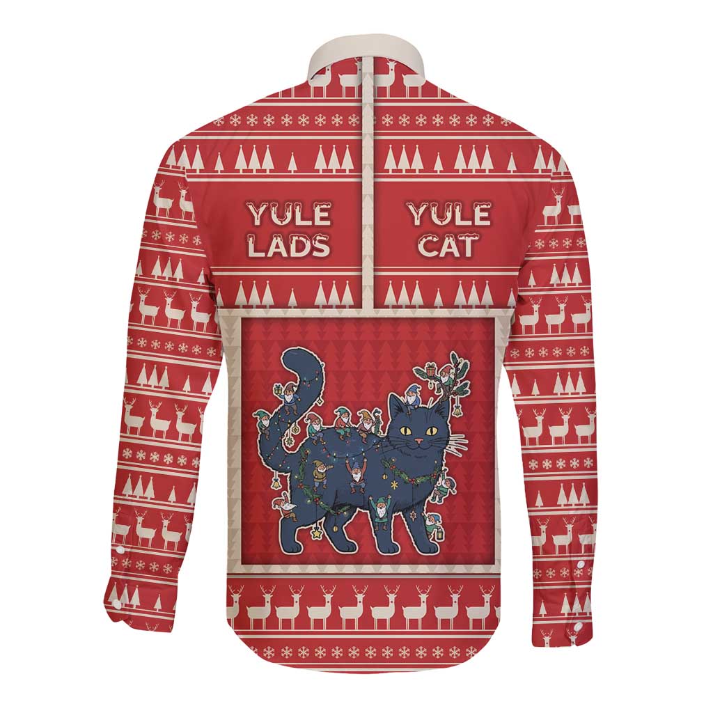 Yule Cat And Yule Lads Long Sleeve Button Shirt Cute Retro Style - Wonder Print Shop