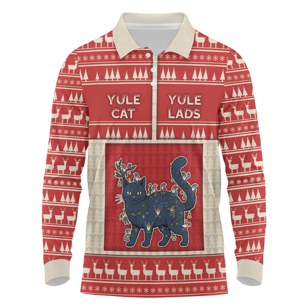 Yule Cat And Yule Lads Long Sleeve Polo Shirt Cute Retro Style - Wonder Print Shop