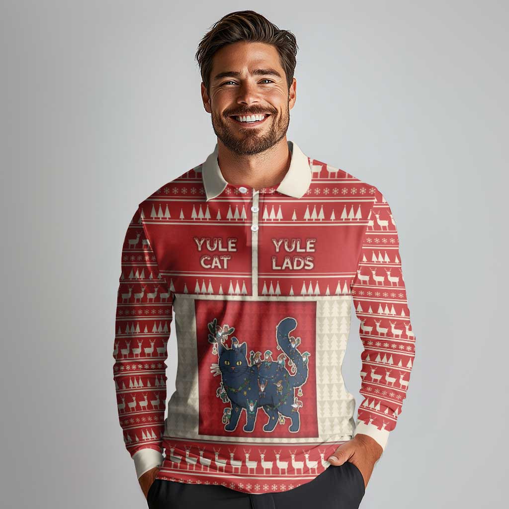 Yule Cat And Yule Lads Long Sleeve Polo Shirt Cute Retro Style - Wonder Print Shop
