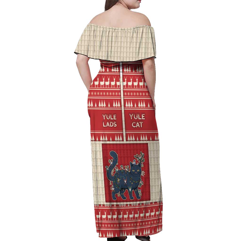 Yule Cat And Yule Lads Off Shoulder Maxi Dress Cute Retro Style - Wonder Print Shop