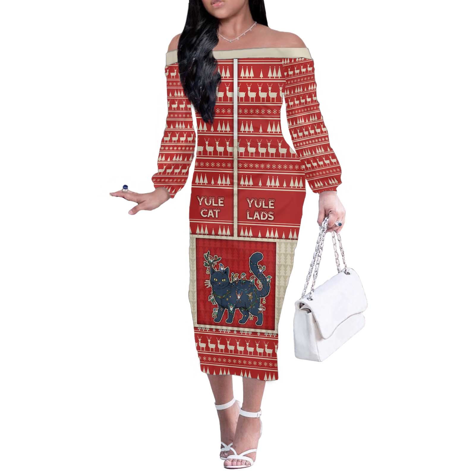 Yule Cat And Yule Lads Off The Shoulder Long Sleeve Dress Cute Retro Style - Wonder Print Shop