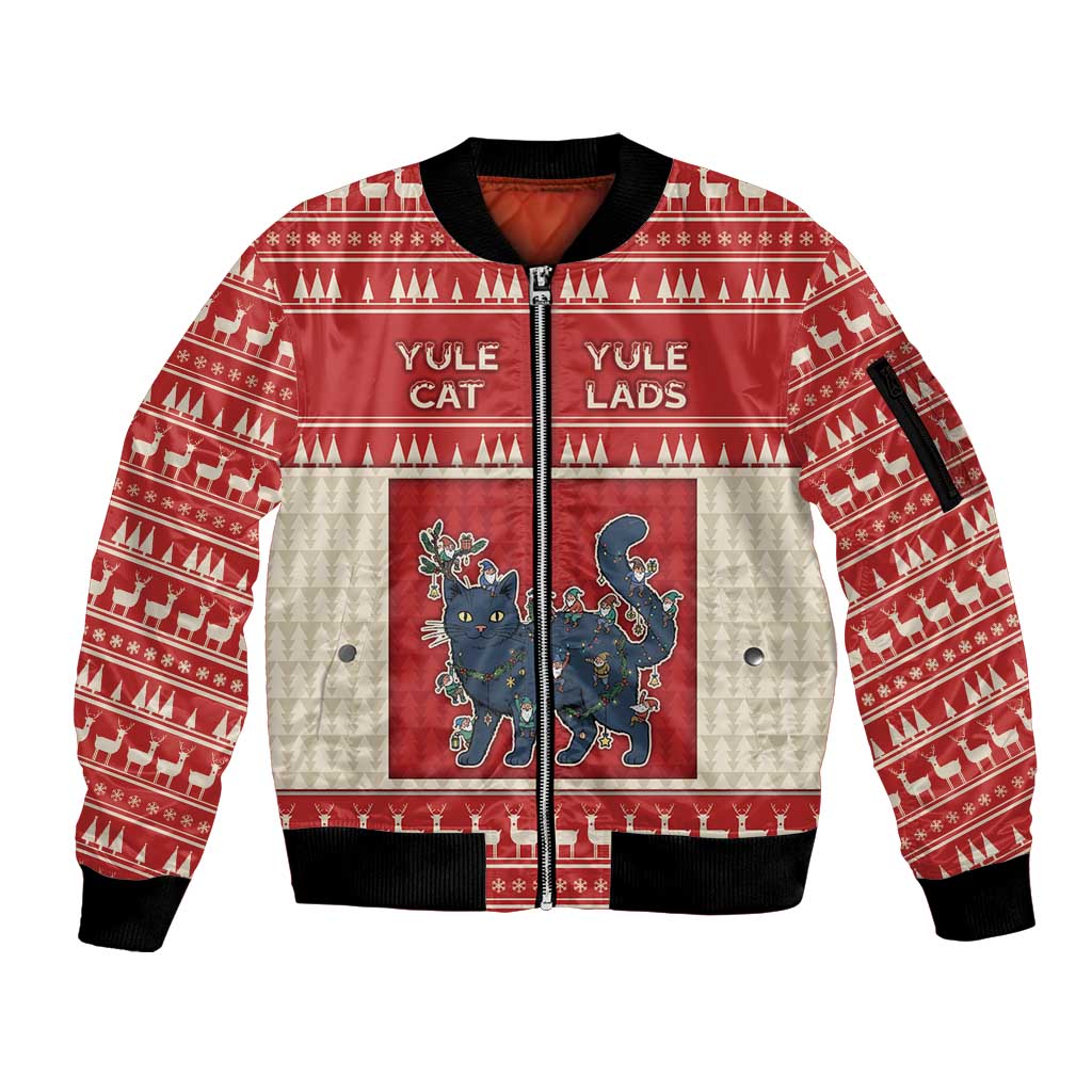 Yule Cat And Yule Lads Sleeve Zip Bomber Jacket Cute Retro Style - Wonder Print Shop