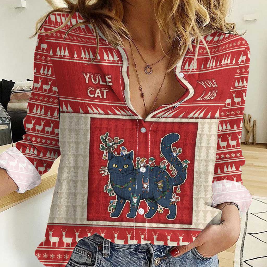 Yule Cat And Yule Lads Women Casual Shirt Cute Retro Style - Wonder Print Shop