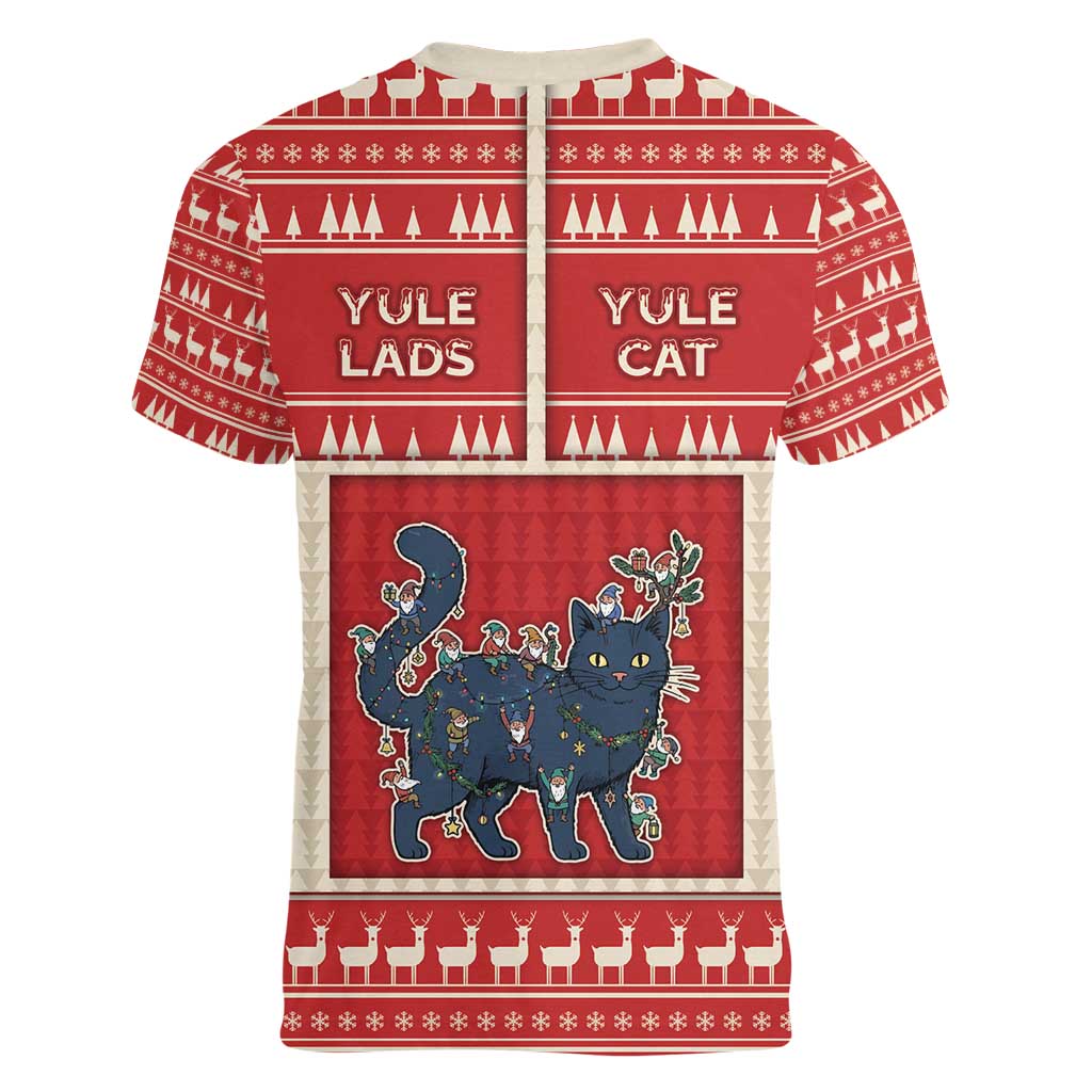 Yule Cat And Yule Lads Women V-Neck T-Shirt Cute Retro Style - Wonder Print Shop