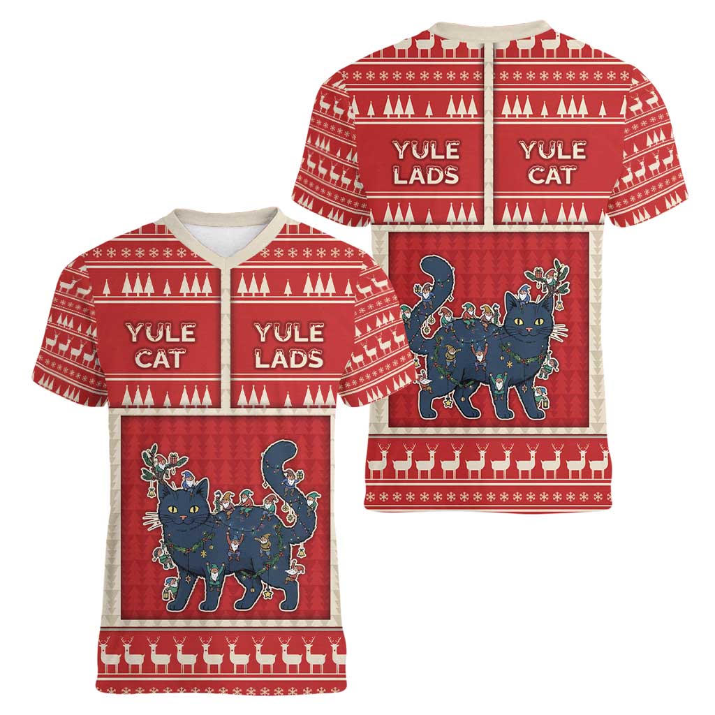 Yule Cat And Yule Lads Women V-Neck T-Shirt Cute Retro Style - Wonder Print Shop