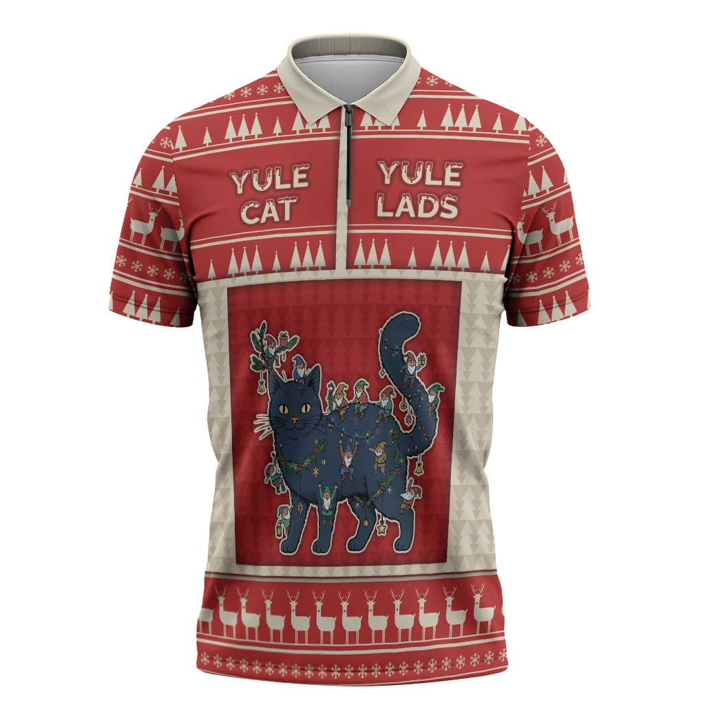Yule Cat And Yule Lads Zipper Polo Shirt Cute Retro Style - Wonder Print Shop