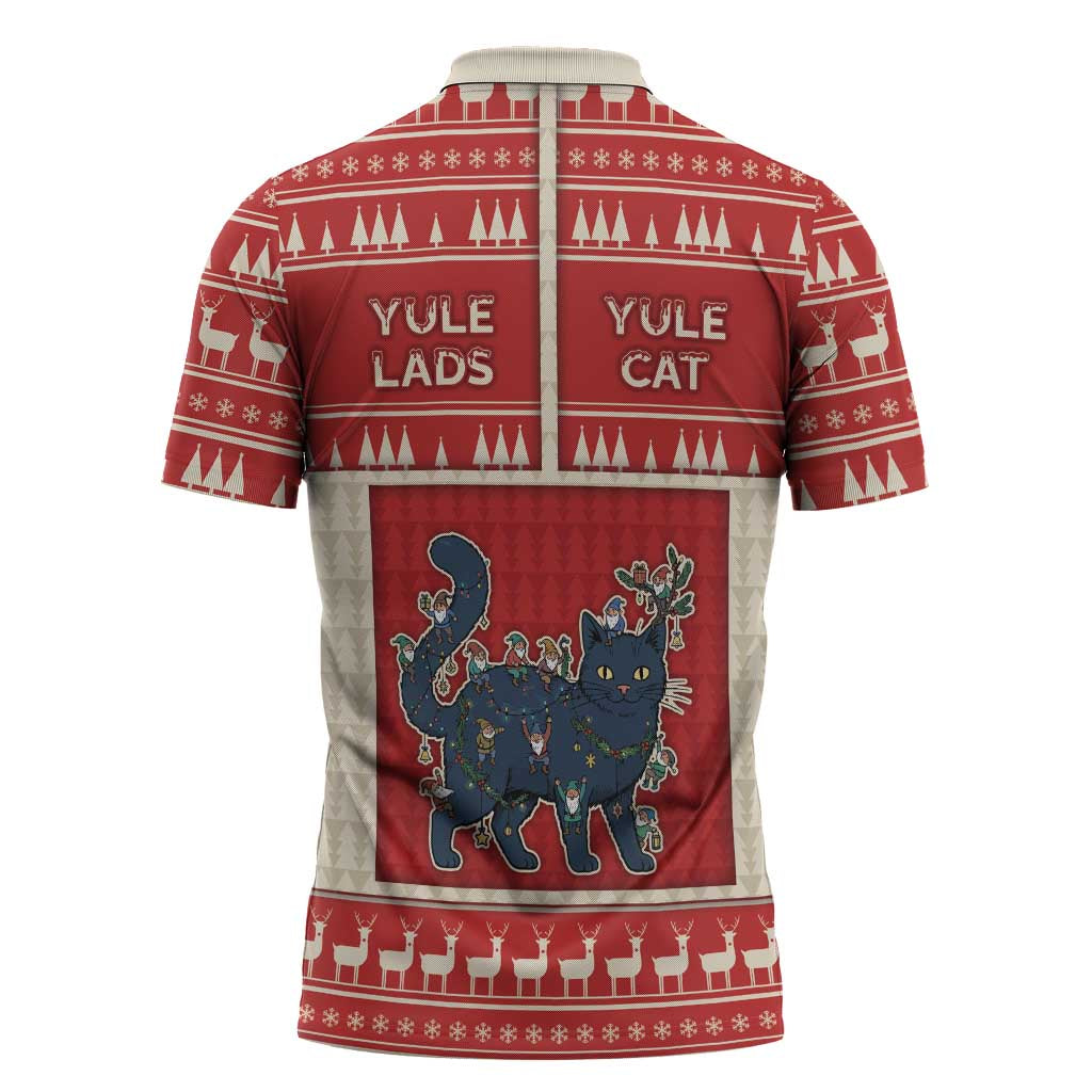 Yule Cat And Yule Lads Zipper Polo Shirt Cute Retro Style - Wonder Print Shop