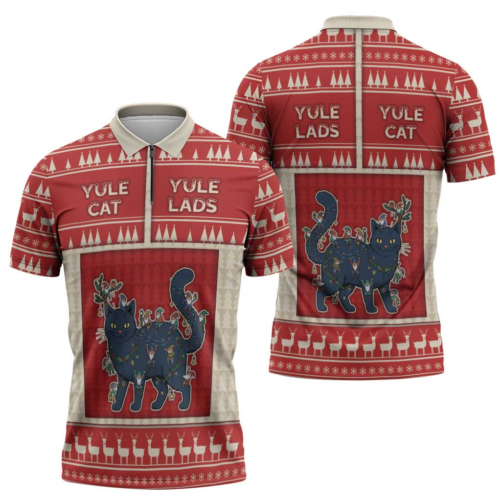 Yule Cat And Yule Lads Zipper Polo Shirt Cute Retro Style - Wonder Print Shop