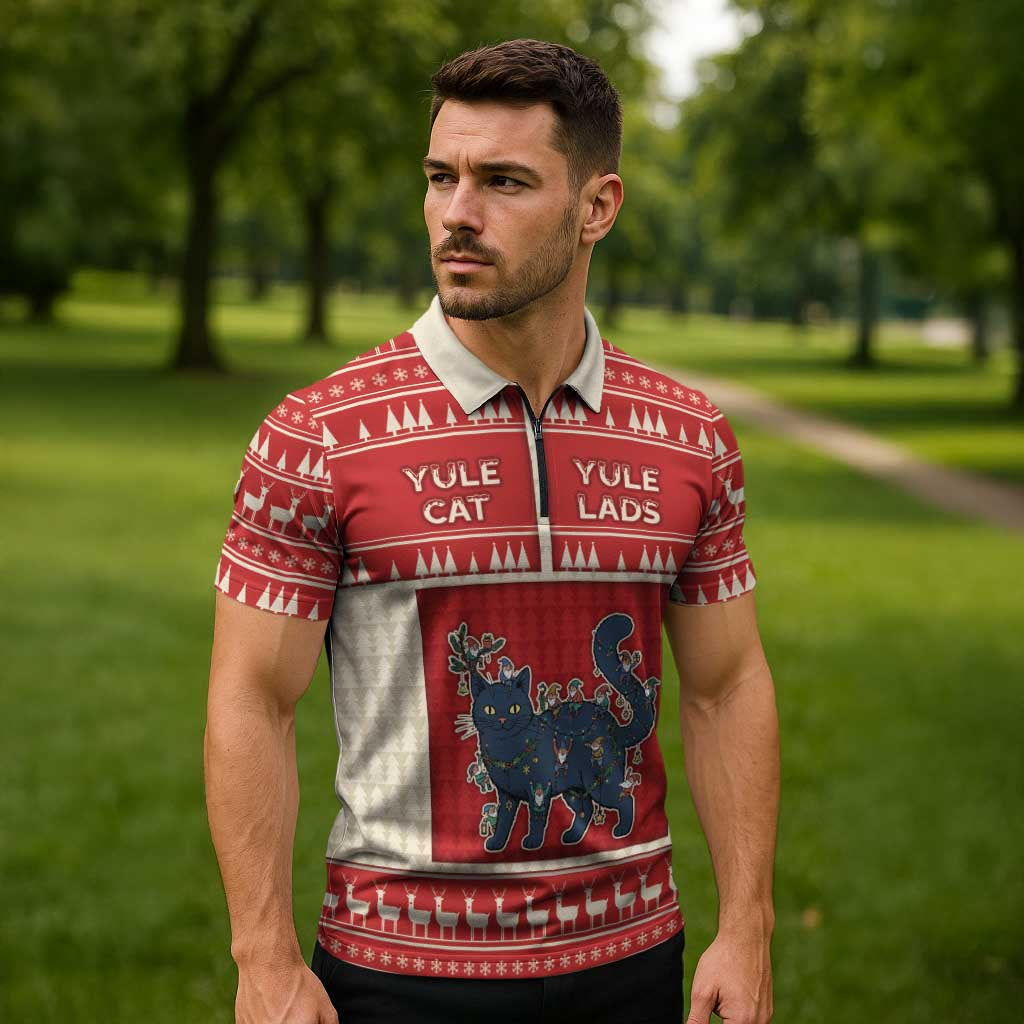 Yule Cat And Yule Lads Zipper Polo Shirt Cute Retro Style - Wonder Print Shop