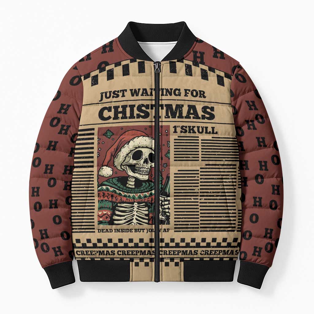 Skull Christmas Bomber Puffer Jacket Newspaper Retro Style - Wonder Print Shop
