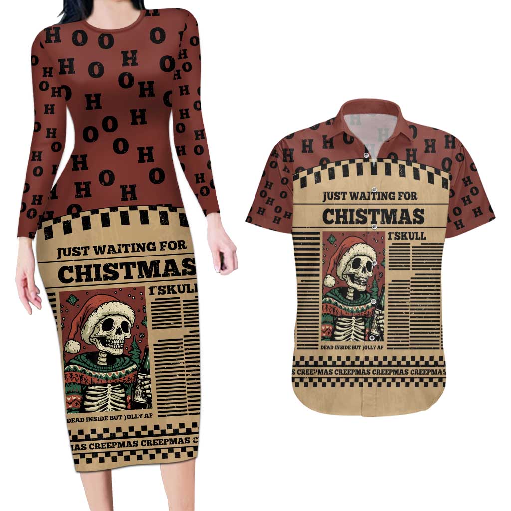 Skull Christmas Couples Matching Long Sleeve Bodycon Dress and Hawaiian Shirt Newspaper Retro Style - Wonder Print Shop