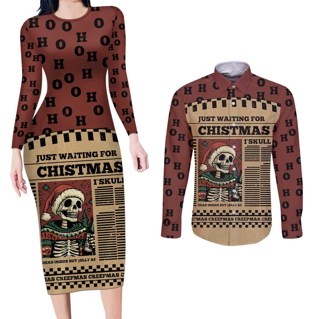 Skull Christmas Couples Matching Long Sleeve Bodycon Dress and Long Sleeve Button Shirt Newspaper Retro Style - Wonder Print Shop