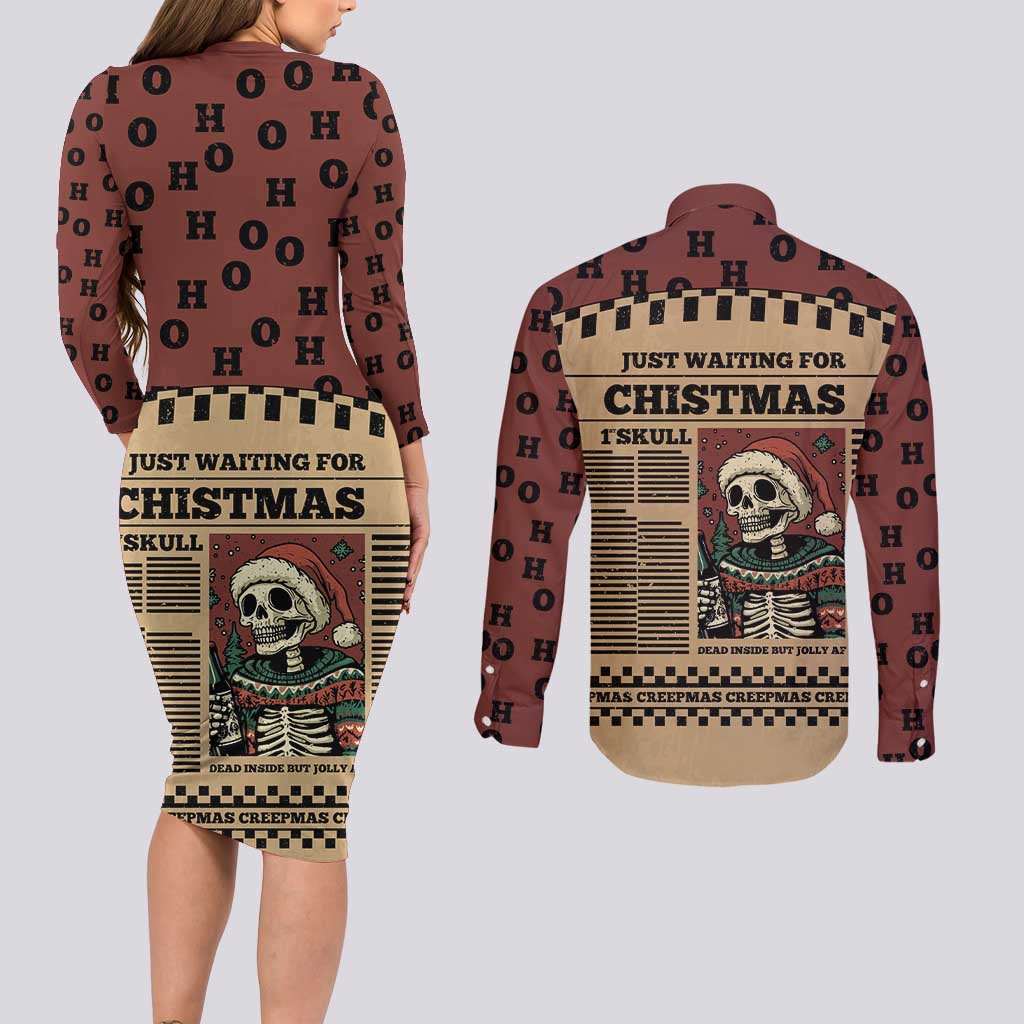 Skull Christmas Couples Matching Long Sleeve Bodycon Dress and Long Sleeve Button Shirt Newspaper Retro Style - Wonder Print Shop