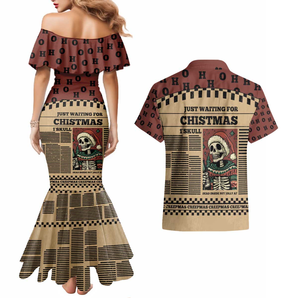 Skull Christmas Couples Matching Mermaid Dress and Hawaiian Shirt Newspaper Retro Style - Wonder Print Shop