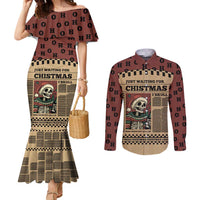 Skull Christmas Couples Matching Mermaid Dress and Long Sleeve Button Shirt Newspaper Retro Style - Wonder Print Shop