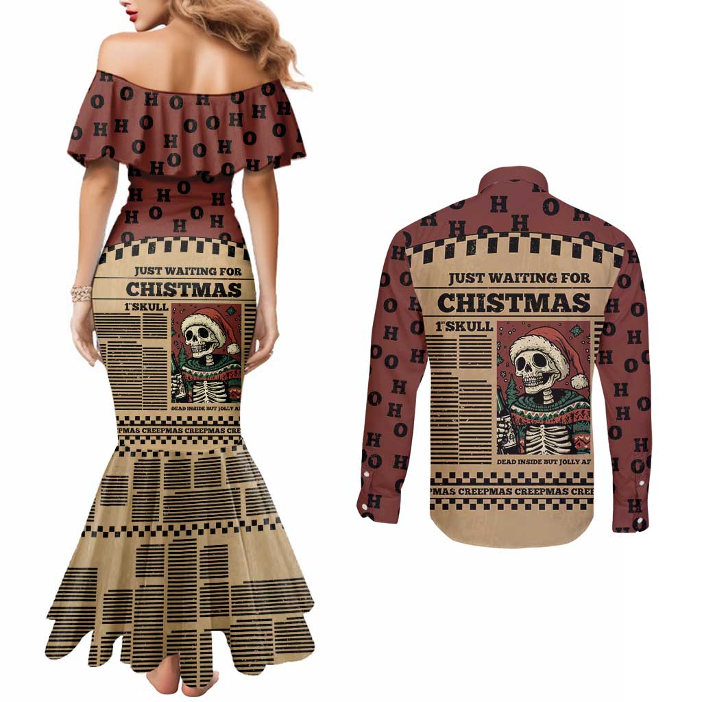 Skull Christmas Couples Matching Mermaid Dress and Long Sleeve Button Shirt Newspaper Retro Style - Wonder Print Shop