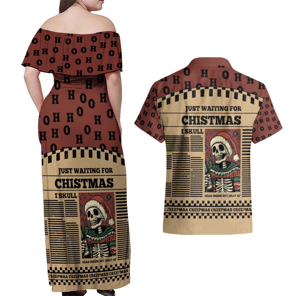Skull Christmas Couples Matching Off Shoulder Maxi Dress and Hawaiian Shirt Newspaper Retro Style - Wonder Print Shop