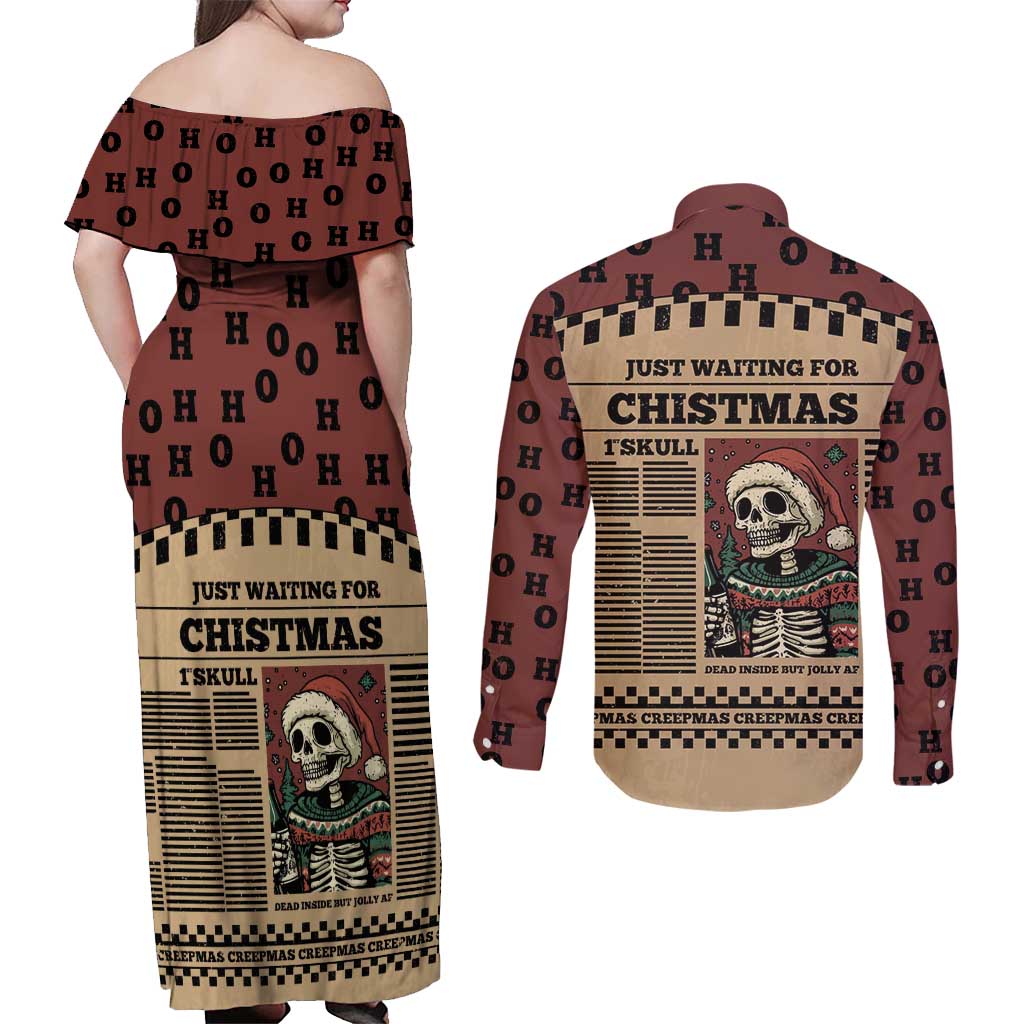Skull Christmas Couples Matching Off Shoulder Maxi Dress and Long Sleeve Button Shirt Newspaper Retro Style - Wonder Print Shop