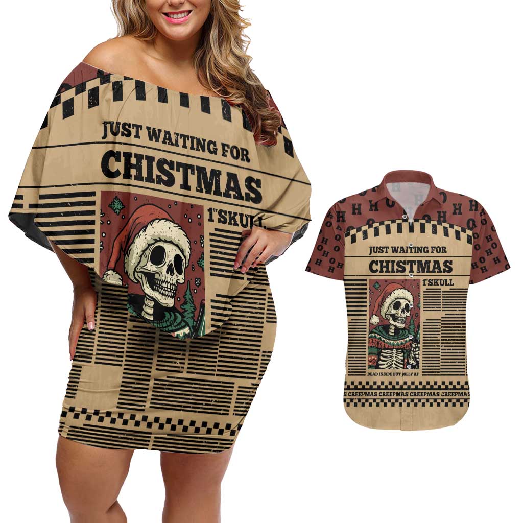 Skull Christmas Couples Matching Off Shoulder Short Dress and Hawaiian Shirt Newspaper Retro Style - Wonder Print Shop