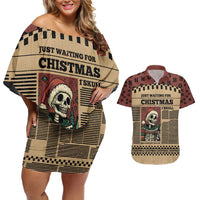 Skull Christmas Couples Matching Off Shoulder Short Dress and Hawaiian Shirt Newspaper Retro Style - Wonder Print Shop